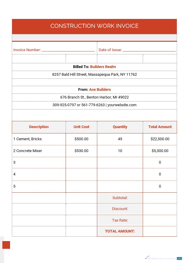 Download Construction Work Invoice Template Photoshop template